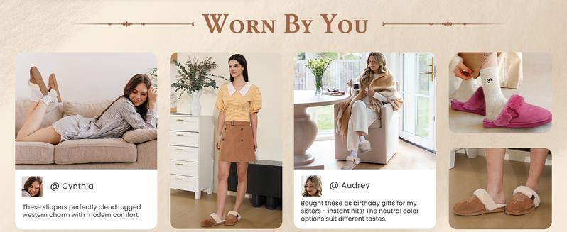 OOW Fuzzy House Slippers for Women with Memory Foam Comfy Bedroom Fluffy Western Cowgirl Boot Slippers Indoor Outdoor Square Toe