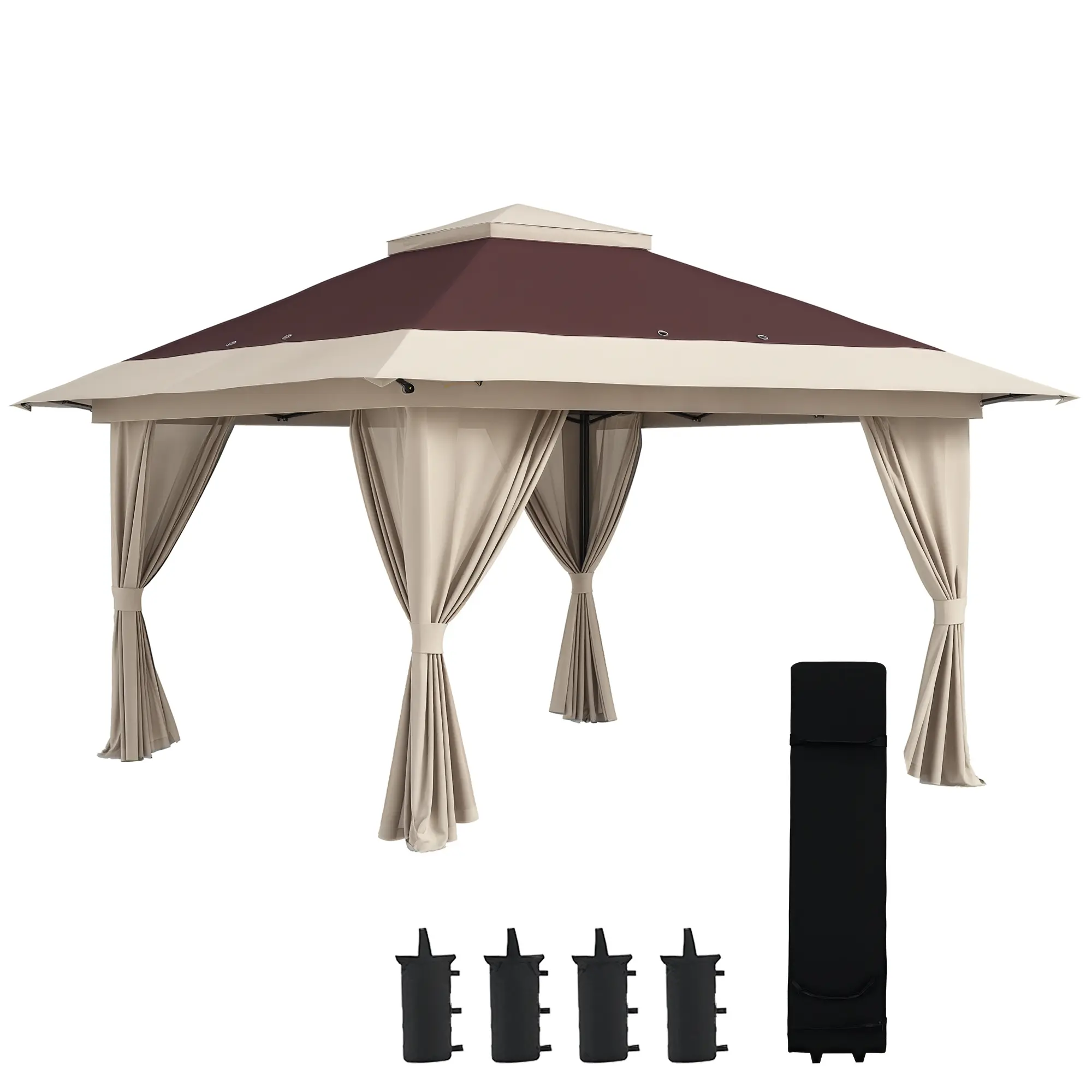 Outsunny 13'x13' Pop Up Lightweight Canopy - Mesh Netting, UPF 50+ UV Protection Fabric, Water/Sand Bags, Stakes & Rope, Wheeled Carry Bag, Stable Patio Canopy for Outdoor Cookout, Beach Use, Outdoors, Stake & Rope, 13’ X 13’ Size, Beach Shade, With Wheel