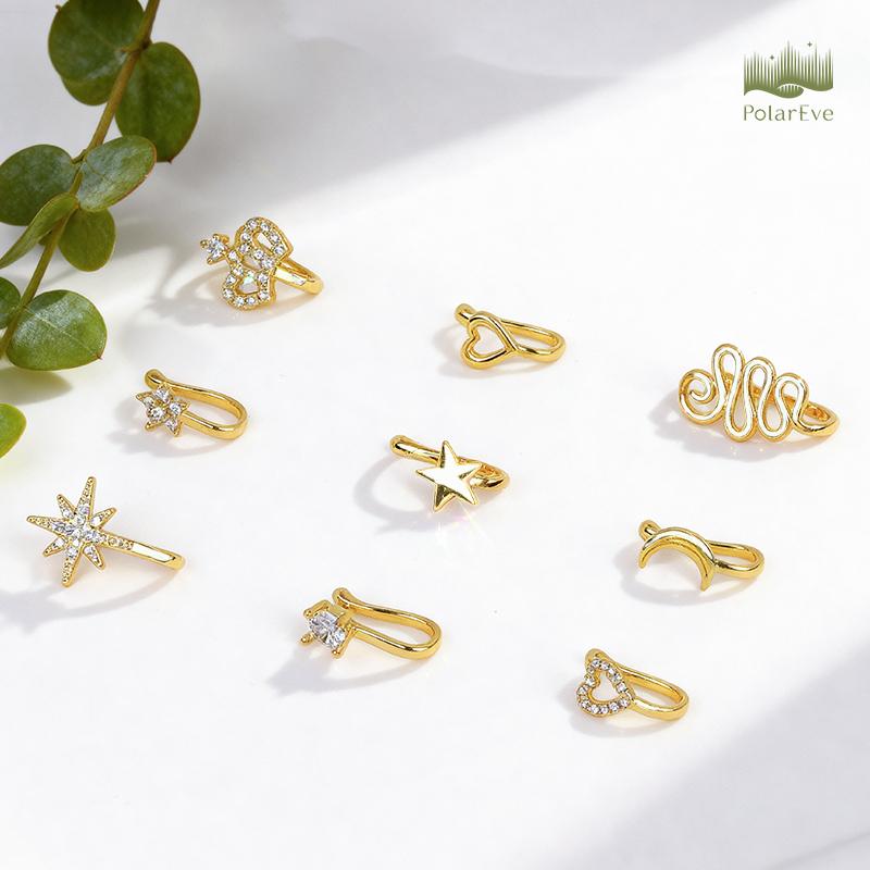 PolarEve 9pcs Non-Piercing Copper Nose Rings U Star Love Crown Zirconia Shapes Punk Rhinestone Clip-On Gold Nose Protection Bracelet Adjustable Jewelry Unisex