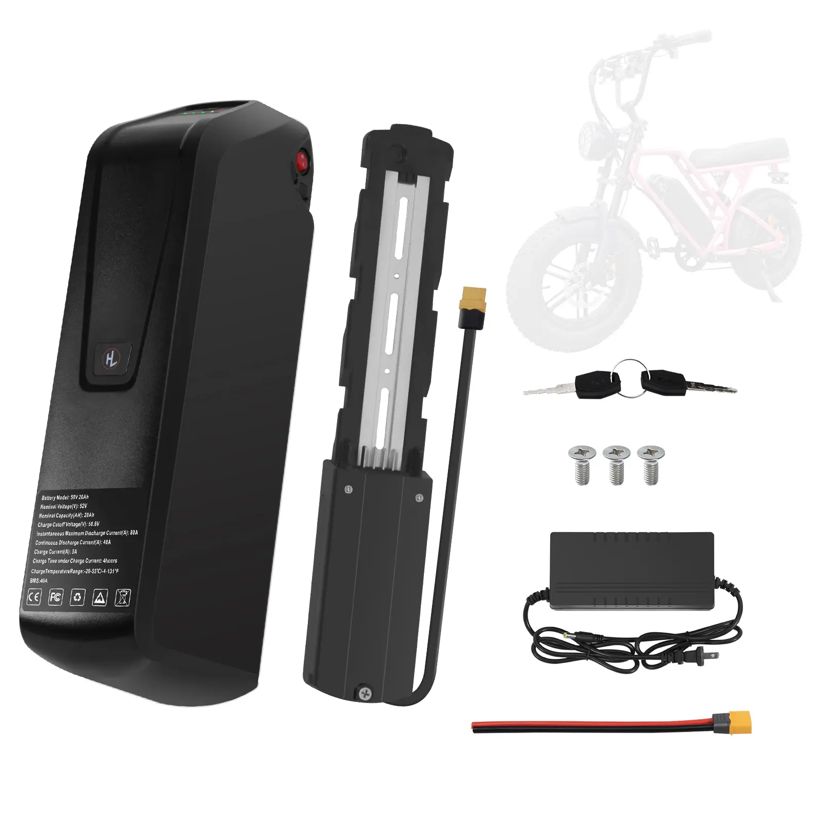 52V 20Ah Compact Lithium Cell eBike Battery Pack - 40A BMS, 4pin Base, Safe Lock, USB Port, XT60 Plug, Power Boost for 0-1800W Electric Bike Motors