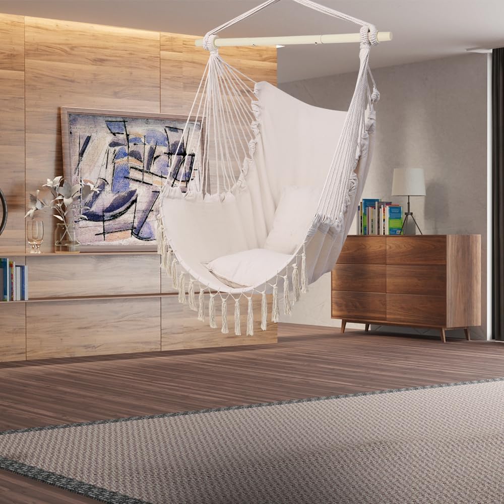 ONCLOUD Hammock Chair Hanging Rope Swing, Load Capacity Up to 550 LBS Macrame Hammock Swing Seat with Two Cushions, Hammock Seats with Portable Steel Spreader Bar for Indoor/Outdoor