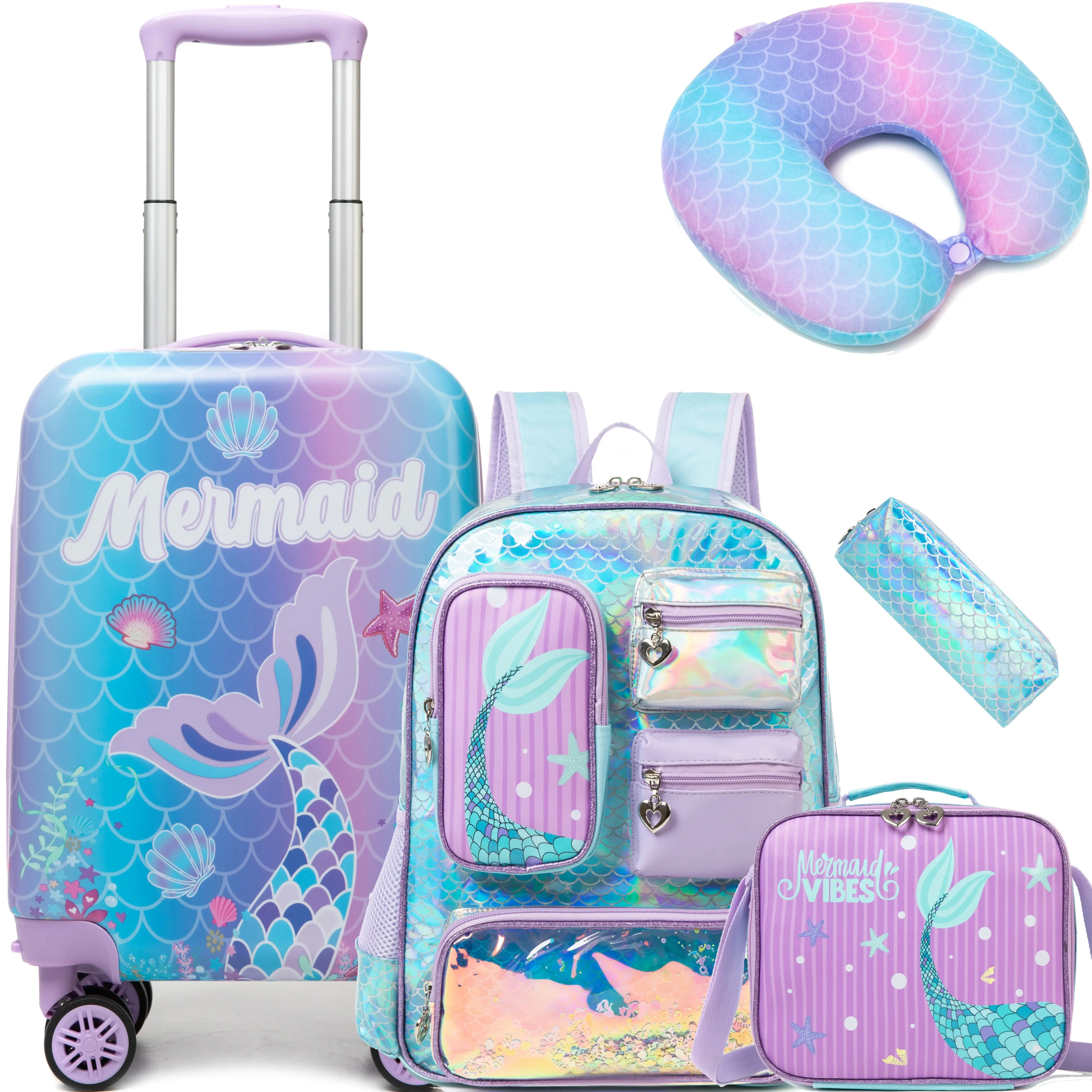 Girls' 5-in-1 Mermaid Luggage & Backpack Set - Hard-Shelled Rolling Carry-On Luggage, School Bag, Crossbody Bag, Lunch Box, Pencil Case & Neck Pillow, Hard-Shelled Carry-On Luggage