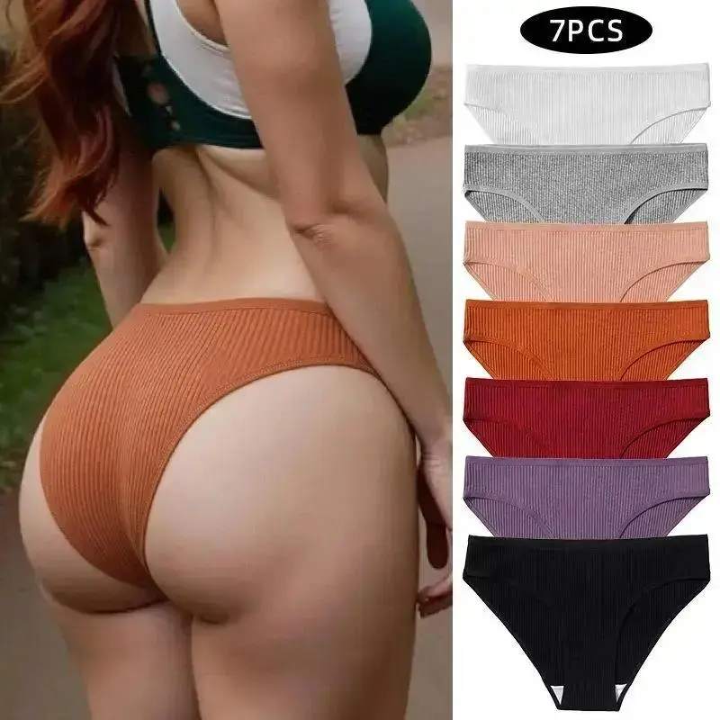 Lady's 7-Pack Minimalist Basic Ribbed Cotton Mid-Rise Triangle Briefs - Soft, Stretchy, Breathable Underwear with Cotton Liner, Full Coverage Comfort Style for Daily Loungewear & Casual Wear, Comfortable