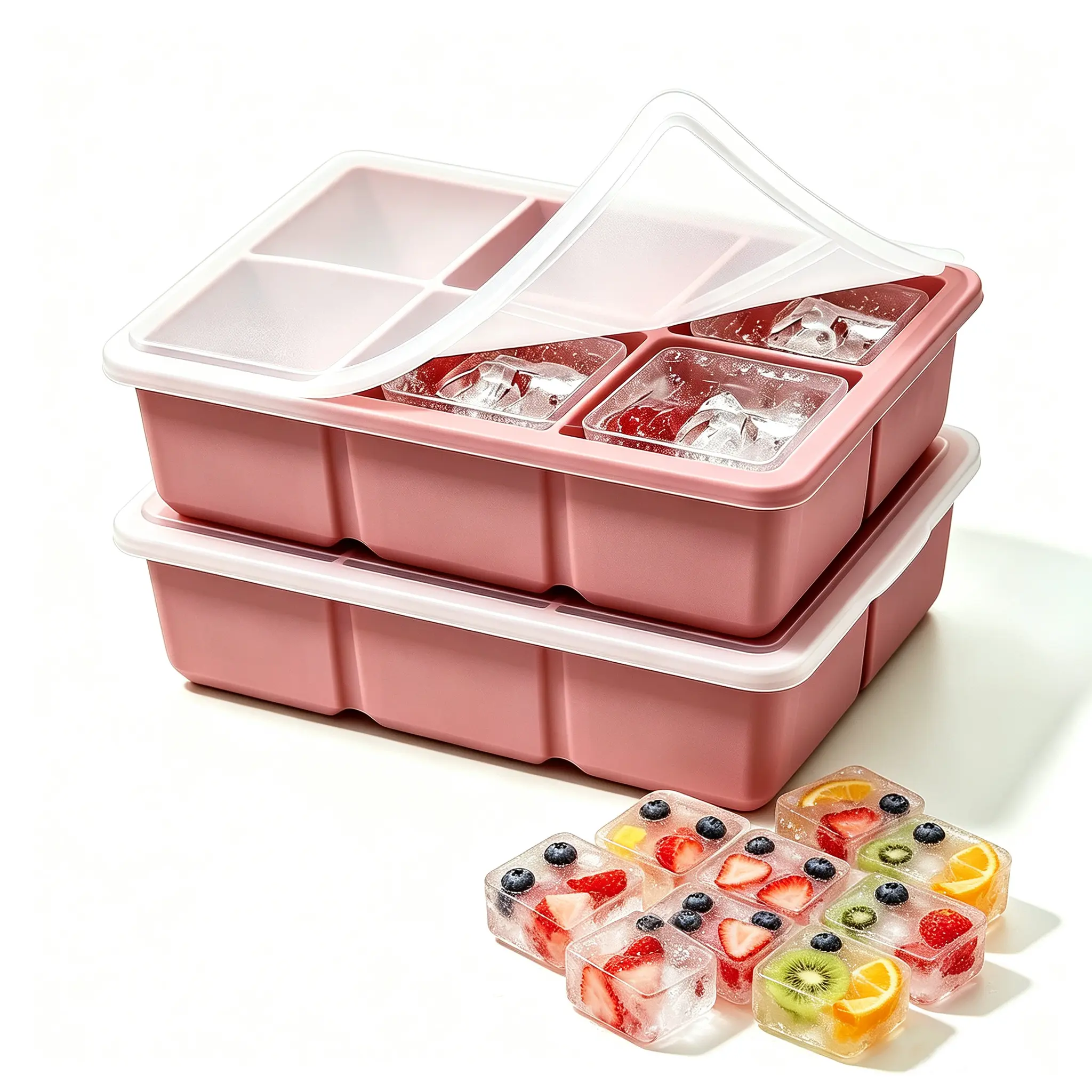 Kikcoin Kitchen Silicone Ice Cube Mold 2-Pack with Reinforced Ring Tops, Makes 12pcs 2-in Square Reusable Ice Cubes for Whiskey, Home Bar Accessories