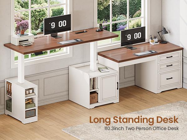Sedeta 63 Inch L Shaped Electric Standing Desk Height Adjustable Computer Desk with Drawers Shelves Power Outlet Tiltable Tabletop Wood Workstation