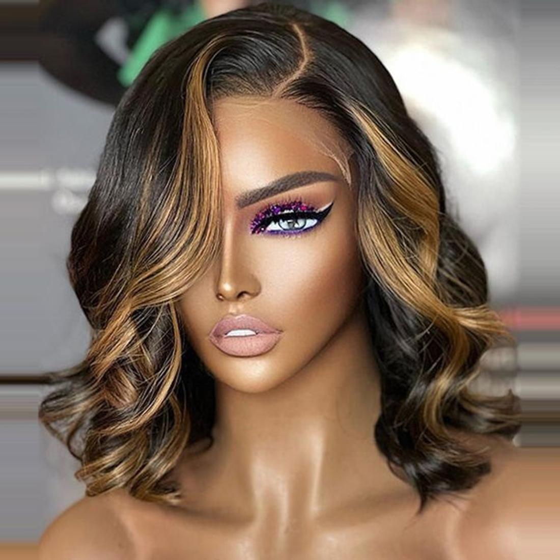 1B/30 Highlight Short Bob Lace Front Wig Body Wave Blonde Highlight 180 Density Human Hair Pre Plucked with Baby Hair Body Wave Bob Wig Human Hair 13x4  Highlight Lace Frontal Bob Wig For Women SpringStatements