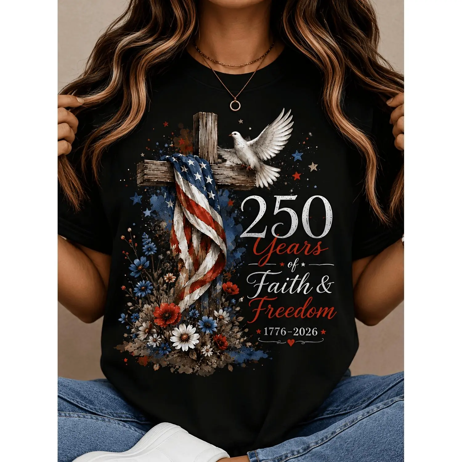 Plus Size - Women'S Patriotic Faith Graphic T-Shirt, 250 Years of Faith And Freedom Print Tee, 1776-2026 Cross Dove Floral Short Sleeve Top, Casual Summer Crew Neck Shirt
