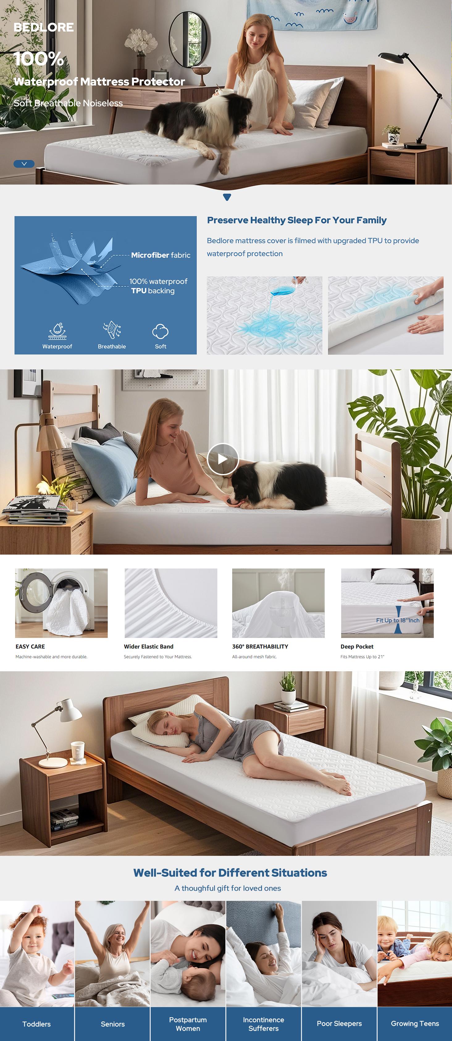 【BEDLORE】Breathable Waterproof Mattress Pad, Soft Dirt-Proof Design with Deep Pocket Fit 6–15 Inch Mattresses, Perfect for Bedroom & Guest Room