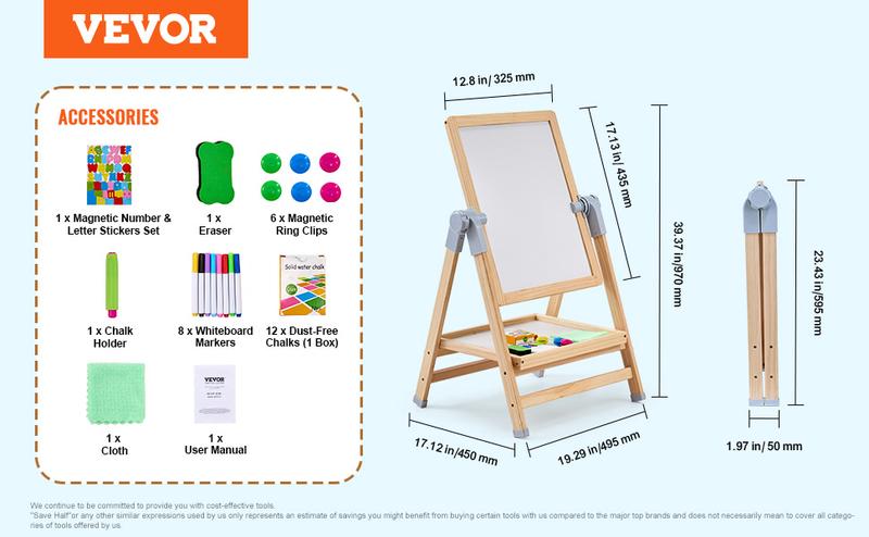 VEVOR 2-in-1 Kids Art Easel Double-Sided Wooden Magnetic Whiteboard Chalkboard, Christmas gift