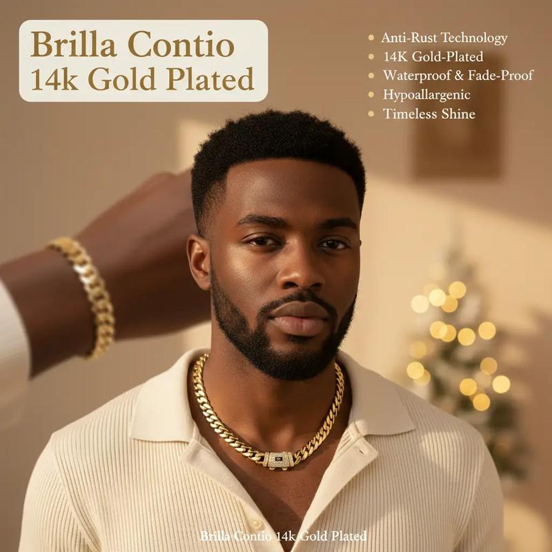 technology anti-rust new Brilla Contio Jewelers 14K Gold-Plated Cuban  new anti-rust technology Bracelet & Necklace Set Waterproof Fade-Proof Hypoallergenic 6-14mm Sizes Timeless Shine for Every Look Valentine's Day gift