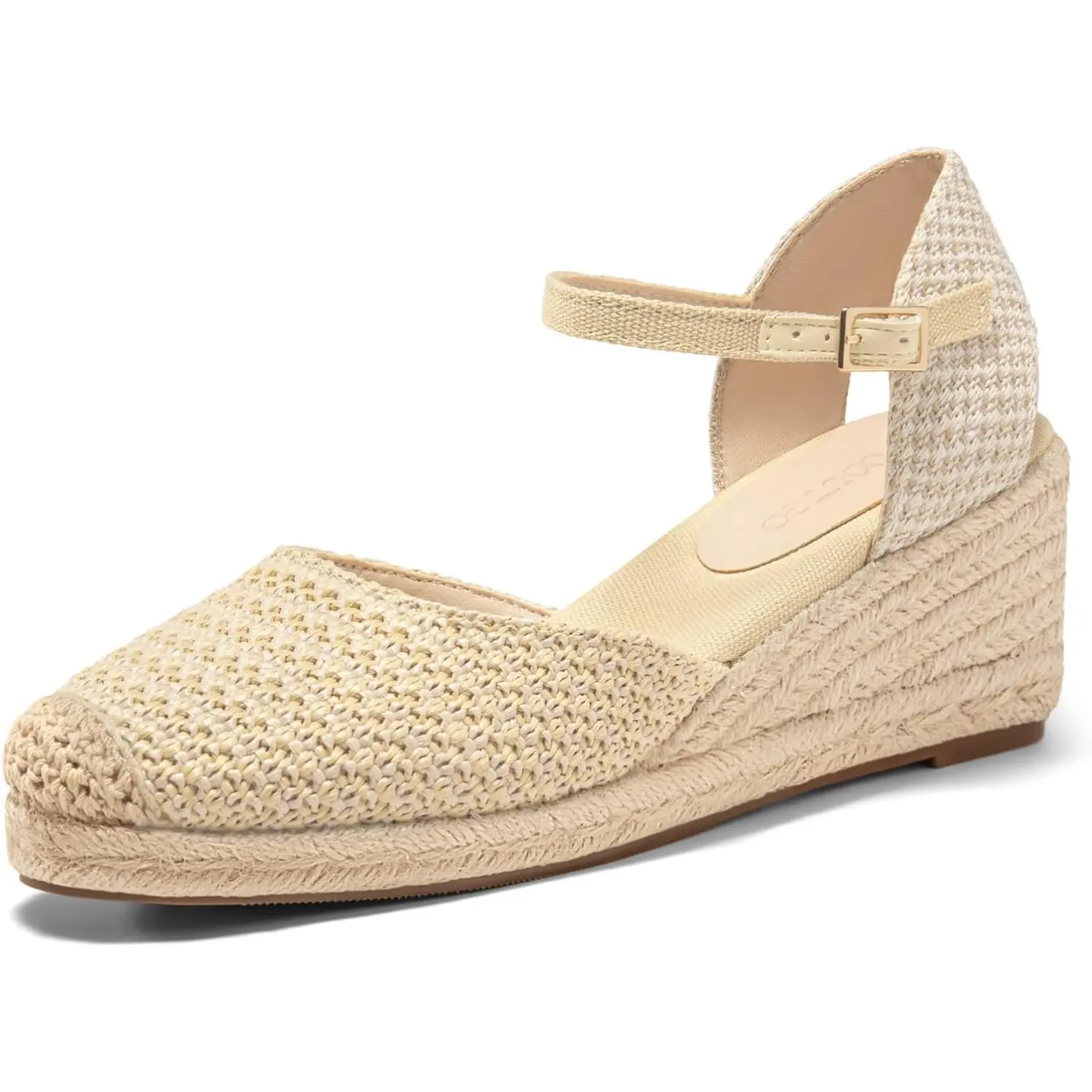 Coutgo Womens Platform Wedge Sandals Espadrilles Raffia Closed Toe Heels Ankle Buckle Strap Summer Beach Shoes tiktokshopbacktoschool