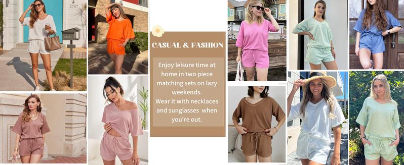 Womens Short Sleeve Waffle Knit Oversized Sets V Neck Off Shoulder Wear Casual Sweatsuit Loose Outfits Womens Short Sleeve Waffle Knit Oversized Sets V Neck Off Shoulder Wear Casual Sweatsuit Loose Outfits