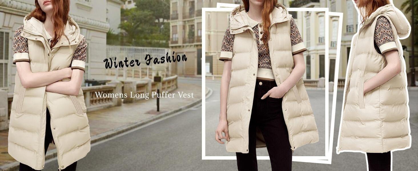 JovenPara Women's Long Puffer Vest Cotton Sleeveless Puffy Jacket with Removable Hood JovenPara Women's Long Puffer Vest Cotton Sleeveless Puffy Jacket with Removable Hood
