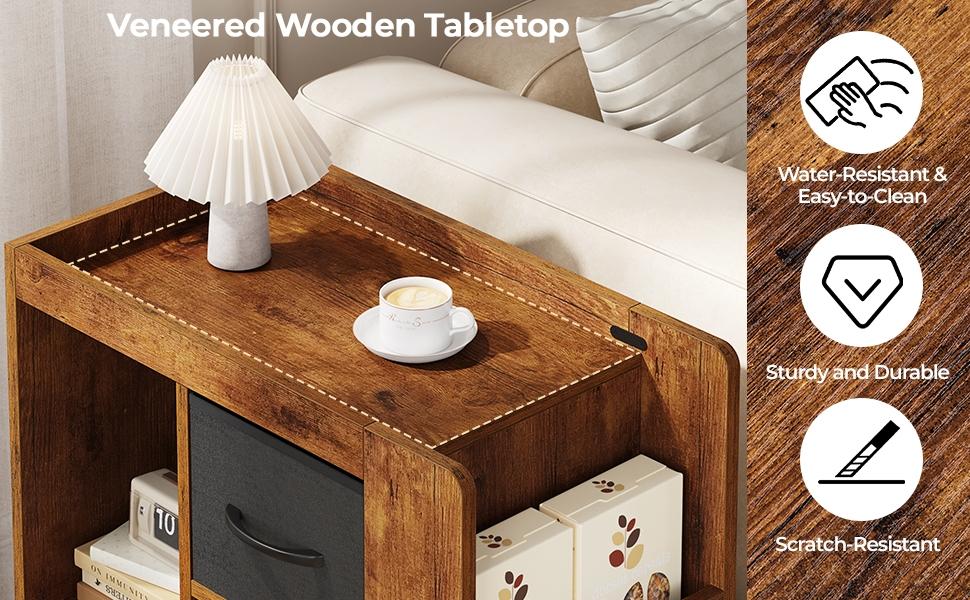 Yaheetech Rolling End Table with Storage, Foldable Fabric Drawers & Magazine Racks, Multi-Storage Wooden Side Table with Wheels for Living Room & Home Office