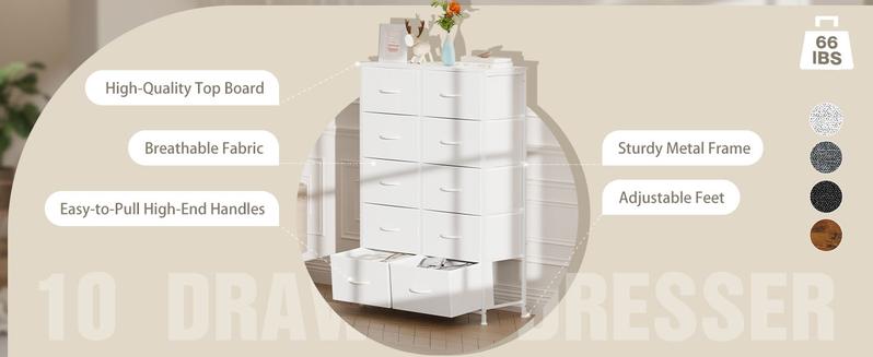 Tall Drawer Organizer Storage Drawers Fabric Storage Tower with 10 Drawers, with Fabric Bin, Wood Top for Bedroom, Closet