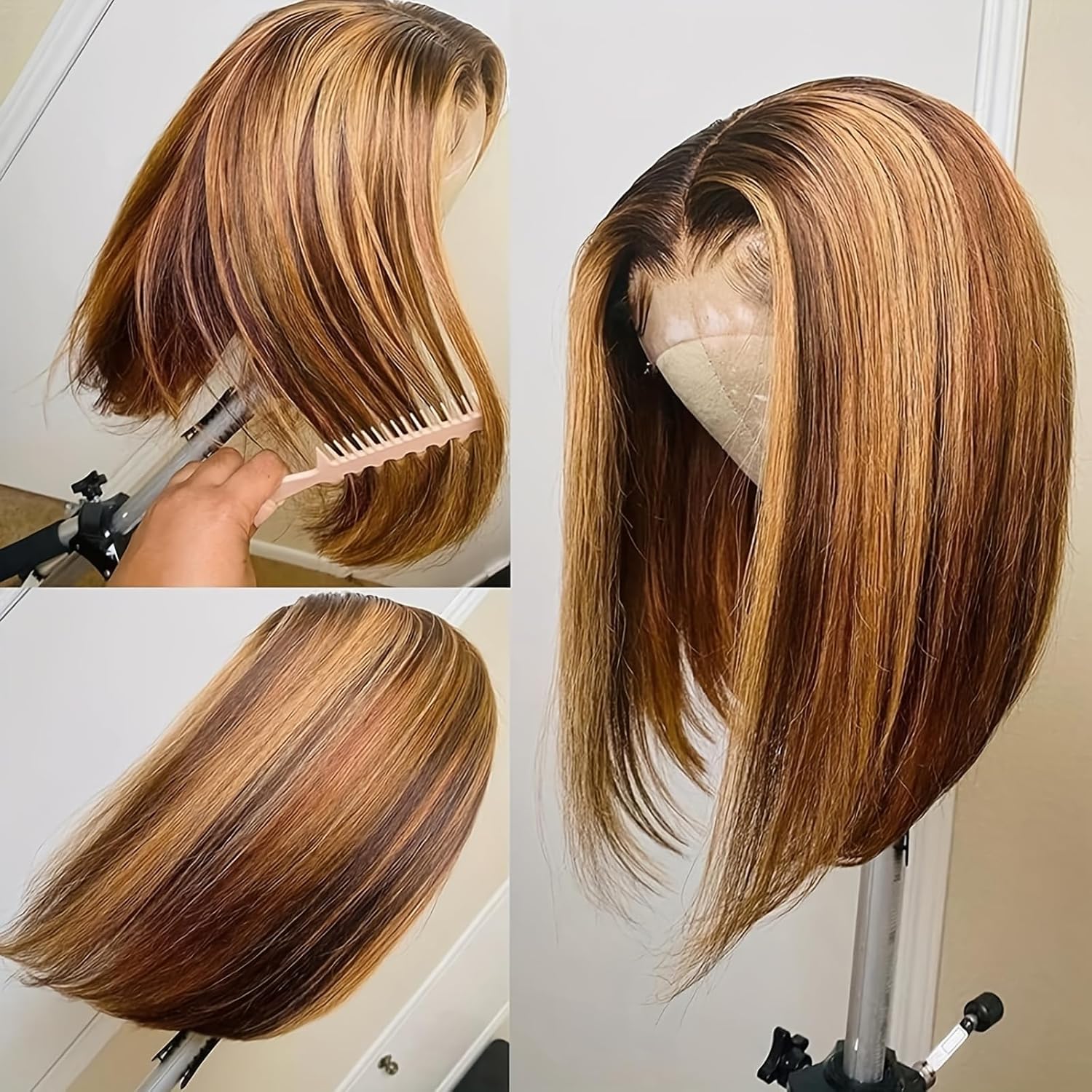 Human Hair Wigs  4/27 Honey Blonde Highlight Ombre Bob Wig Human Hair Highlight Ombre 4x4 HD Lace Front Pre Plucked 180 Density Short Bob Wigs for Women Glueless 10 Inch