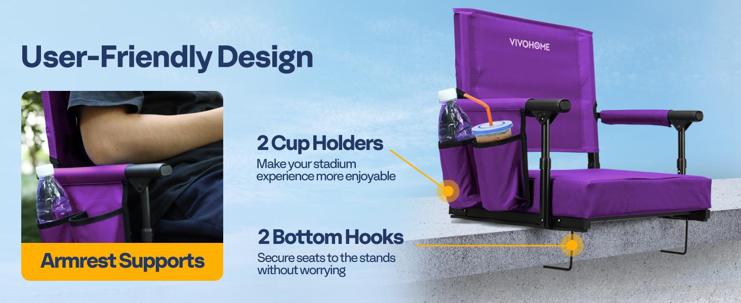 VIVOHOME Stadium Seats with Back Support and Cushion, Portable Bleacher Chairs with Cup Holder and Shoulder Strap Sturdy Outdoor Bench