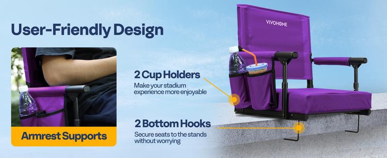 VIVOHOME Stadium Seats with Back Support and Cushion, Portable Bleacher Chairs with Cup Holder and Shoulder Strap Sturdy Outdoor Bench