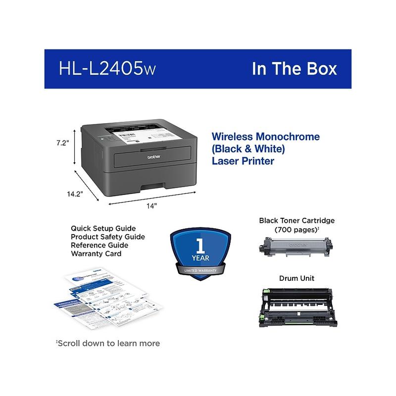 Brother HL-L2405W Compact Wireless Black & White Laser Printer, Single-Function, Print, Refresh Subscription Ready