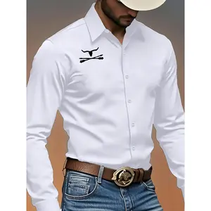 Men's Fall Casual Long Sleeve Shirt, Trendy Western Cowboy Print Design, Comfortable & Durable Regular Fit for Daily Wear & Sports