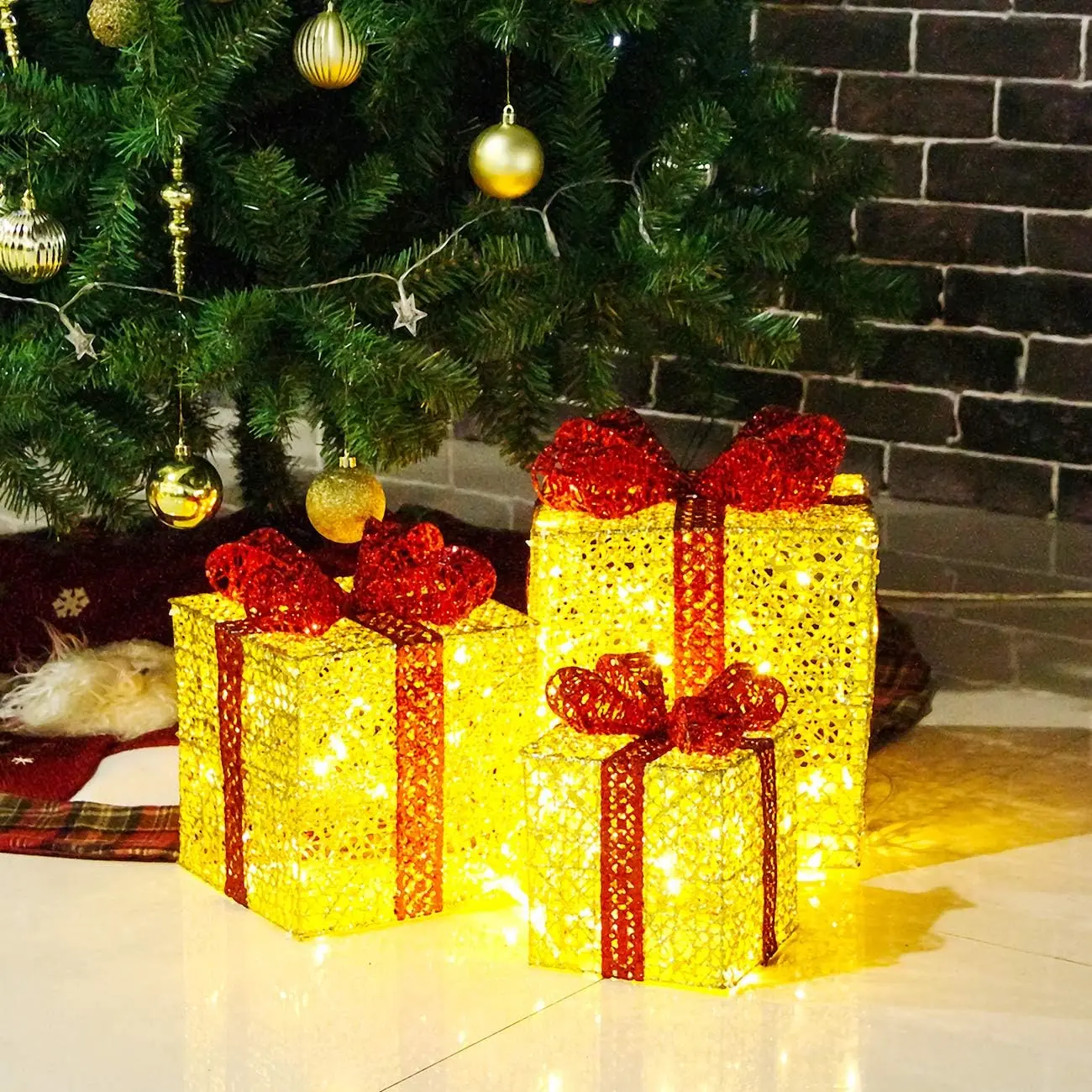 10”-8”-6” Set of 3 Christmas Lighted Gift Boxes with Plug for Christmas Decor, Weddings Yard Home Holiday Art Decorations (Gold)
