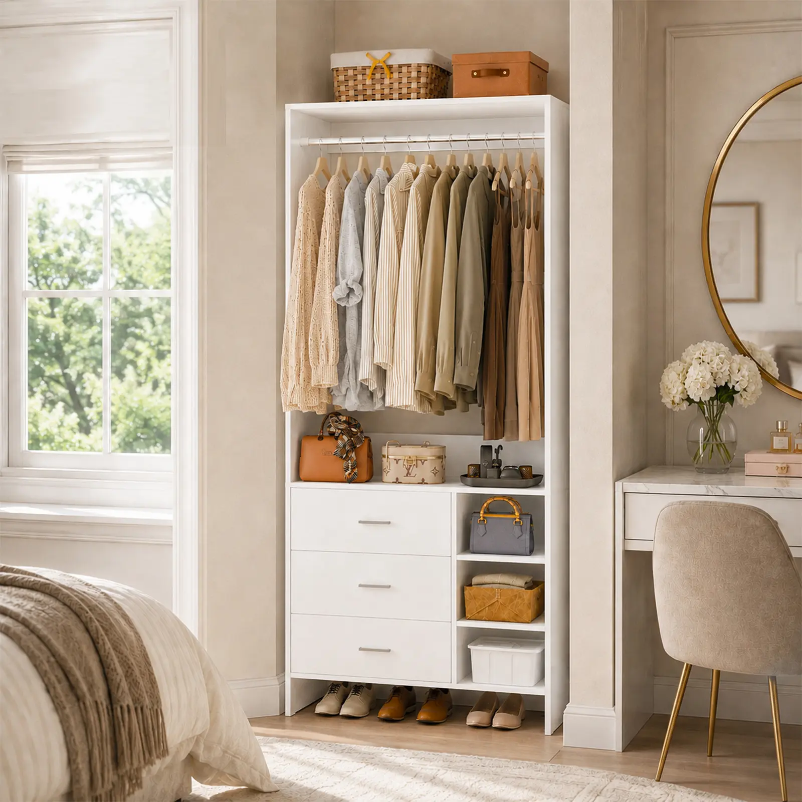 30''W Closet System with 3 Wooden Drawers and Hanging Rod, Freestanding 2.5FT Walk-in Closet Organizer Bedroom Armoire Wardrobe with Storage Shelves,dorm essentials,home decor