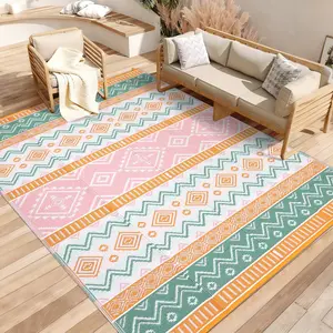 Outdoor PP Woven Plastic Straw Rugs Bohemia Striped Abstract Patio Mat for Garden Balcony Camping Durable Stain Resistant Area Rugs Foldable Picnic Mats Modern Portable Lightweight Carpet for Backyard Easy Clean Farmhouse Auto Decor
