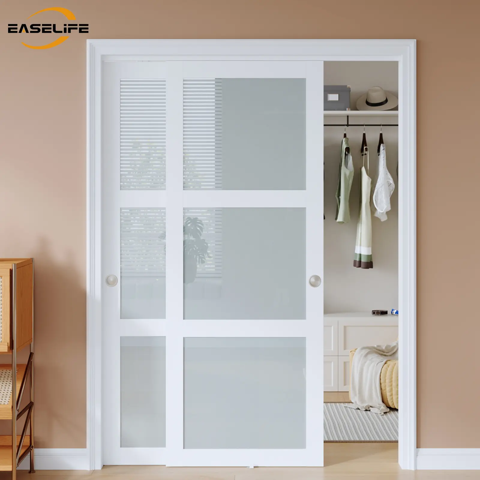 Easelife Frosted Glass Sliding Bypass Closet Door with Track Kit, MDF Wood Sliding Doors for Bedroom, Laundry Room, Entryway, Contemporary Home Decor Easy-Install Home Improvement Solution, Wood Slide Door