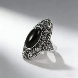 925 Sterling Silver Vintage Retro Cocktail Statement Ring Black Agate & Onyx Ring with Black Cubic Zirconia Surrounded Decor, Antique Silver Big Black Stone Ring Victorian Style Jewelry for Women and Men