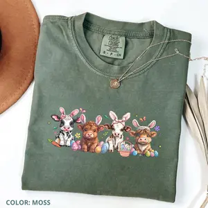 Comfort Colors Easter Day Cow T-Shirt, Cute Bunny Cow Tee, Easter Cow Shirt, Trendy Heifer Graphic Tee, Fun Easter Gift for Cow Lovers, Spring Holiday Shirt Cotton Fabric