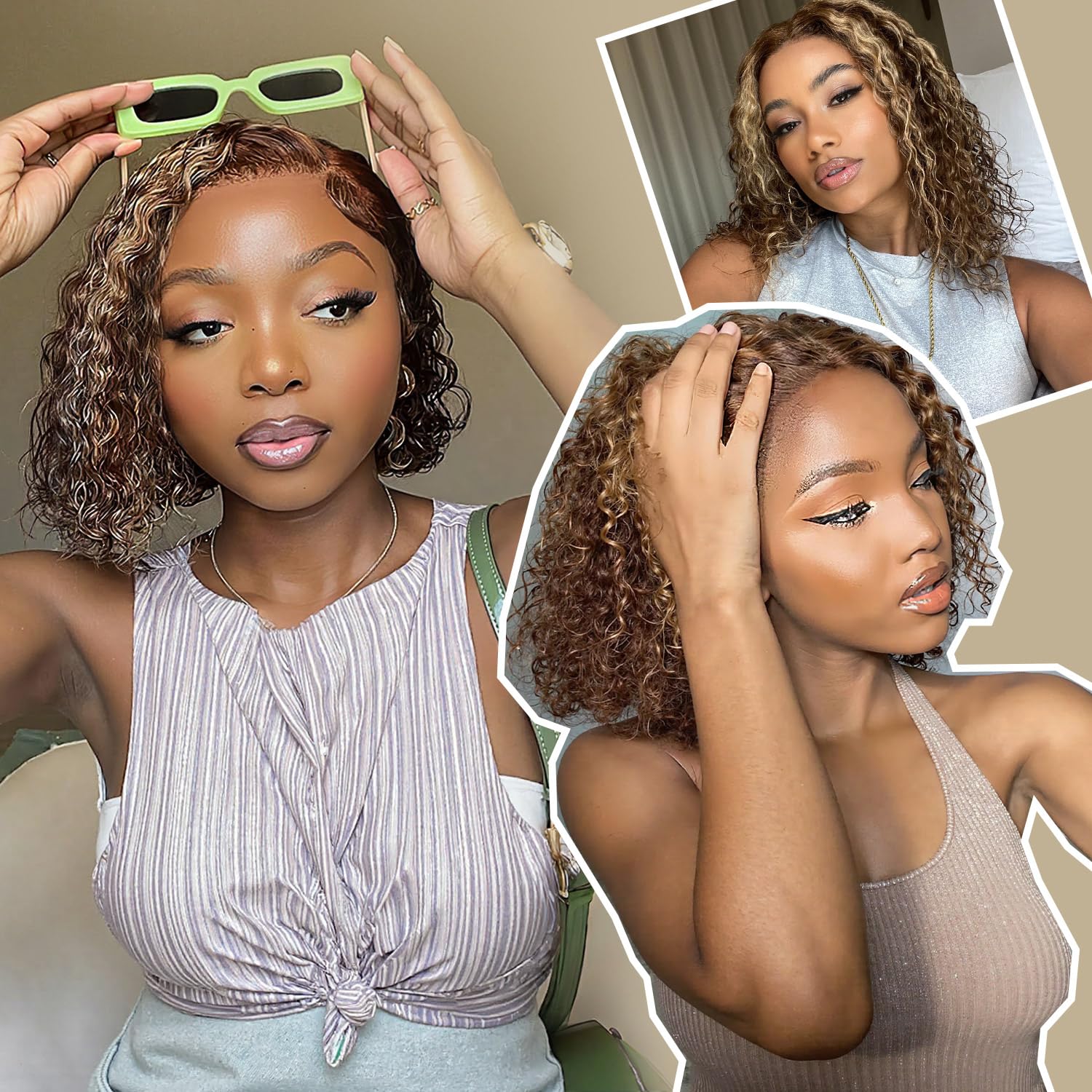 14 Inch Highlight Curly Bob Wig Human Hair Glueless Wigs for Black Women P4/27 Shoulder Length Curly Human Hair Wig Ombre Honey Blonde Lace Front Wigs C Part Natural Hairline