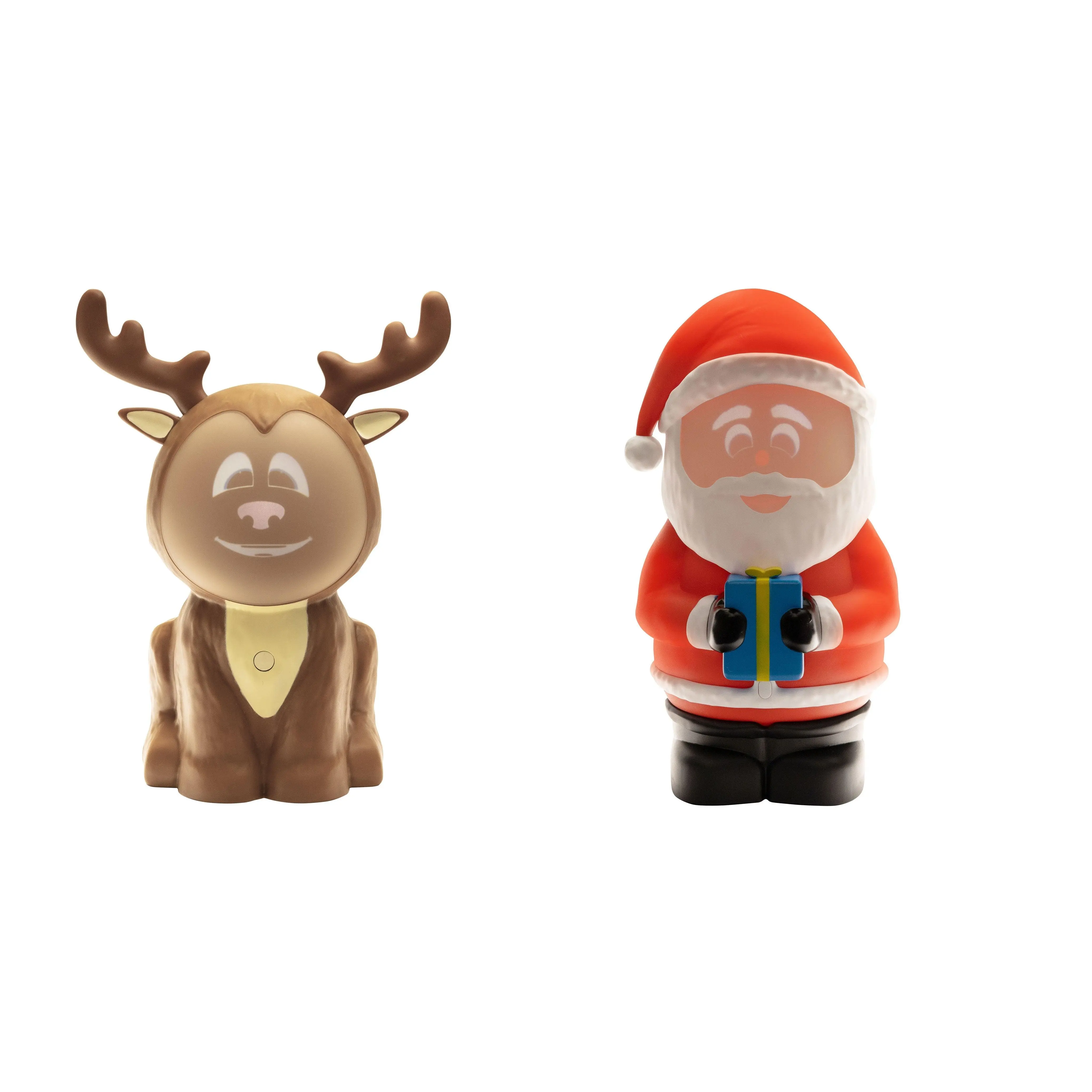 SanTek Reindeer/Santa Claus & Riley ReinDroid 2-Piece Plastic Christmas Ornaments Set - Interactive Indoor Home Decor with Built-in Projector, Speaker, LED + Audio, USB Port, Festive Party Decoration Supplies, Light, 3 Volume Control