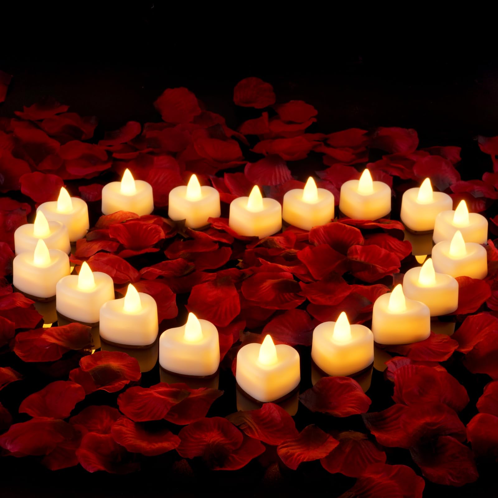 2000 Pieces Artificial Rose Petals with 24 Heart LED Tea Lights Candles Kit, Rose Petals and Candles Set for Proposal, Anniversary, Special Romantic Night, Wedding Table Decor, Birthday