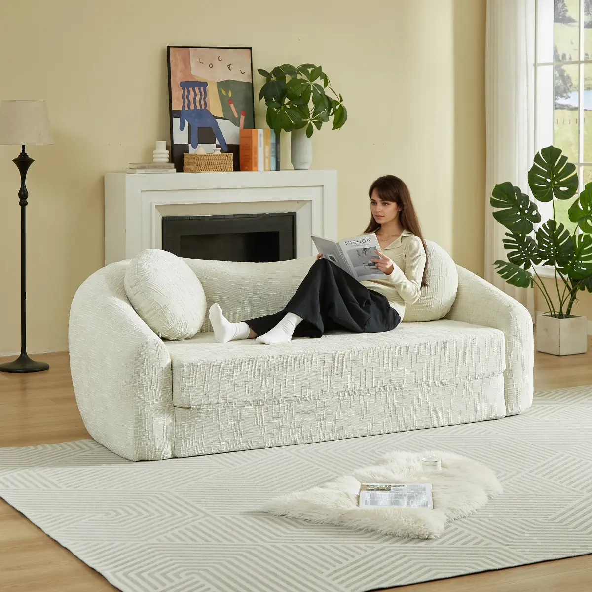  [Bellemave] 2-in-1 Frameless Folding Sofa| 86-inch Curved Convertible Sofa Recliner| Pull-Out Base & 2 Round Pillow| No Assembly