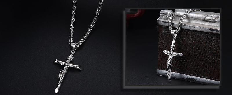 Fansilver Crucifix Necklace for Men Women - Men's Crucifix Pendant Necklace with Stainless Steel Rope Chain Catholic Baptism Jesus Cross Necklace Jewelry 16-30 Inches