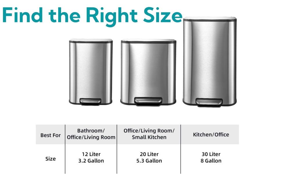 【Garvee】【GARVEE】Stainless Steel Trash Cans in Various Sizes (3.2 to 50 Liters) with Step-On Pedal, Soft Close Lids, Inner Buckets, and Fingerprint-Resistant Finish for Kitchen, Office, and Home Use