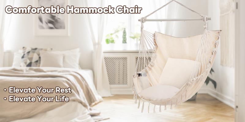 Single Hammock Chair with 2 Cushions, Hammock Swing, Macrame Hammock with High Load-Bearing Metal Rod, Indoor＆Outdoor
