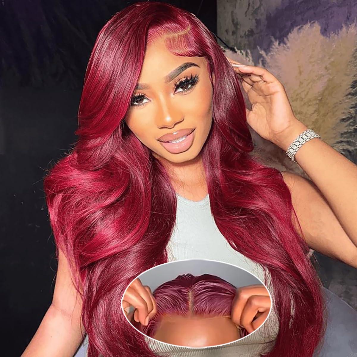 Bling Hair Body Wave 9x6 Glueless Wig Burbundy #99j Colored Preplucked Remy Brazilian 7x5 Lace Closure HD Lace No Tangling No Shedding 180 Density Wig