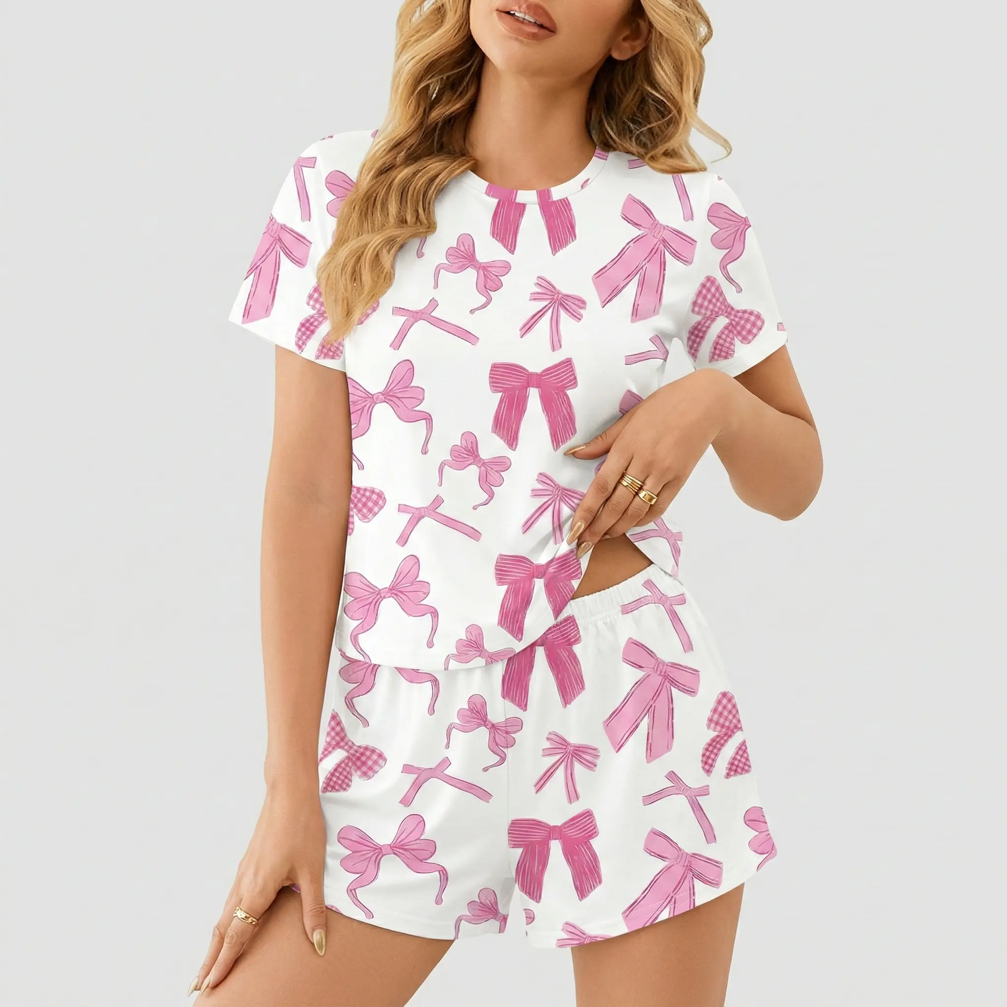 Women's Cute Pink Bow 2-Piece Pajama Set - Coquette Style Short Sleeve Tee, Gingham Check Shorts, Soft Ribbons, Girly Summer Sleepwear Loungewear