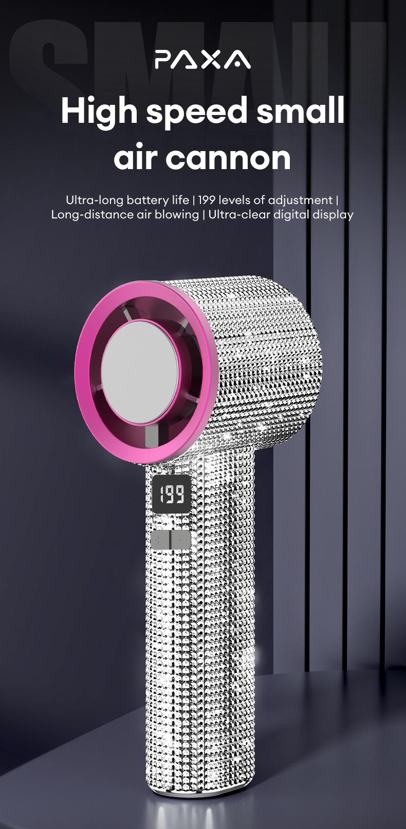 PAXA M15 Full Diamond Luxury Craftsmanship Portable Handheld Turbo Fan, 3 Gear Wind, Rechargeable Long Battery Life Hand Fan With Digital Display For Outdoor Activities, Travel, Office, Wonmen's gift