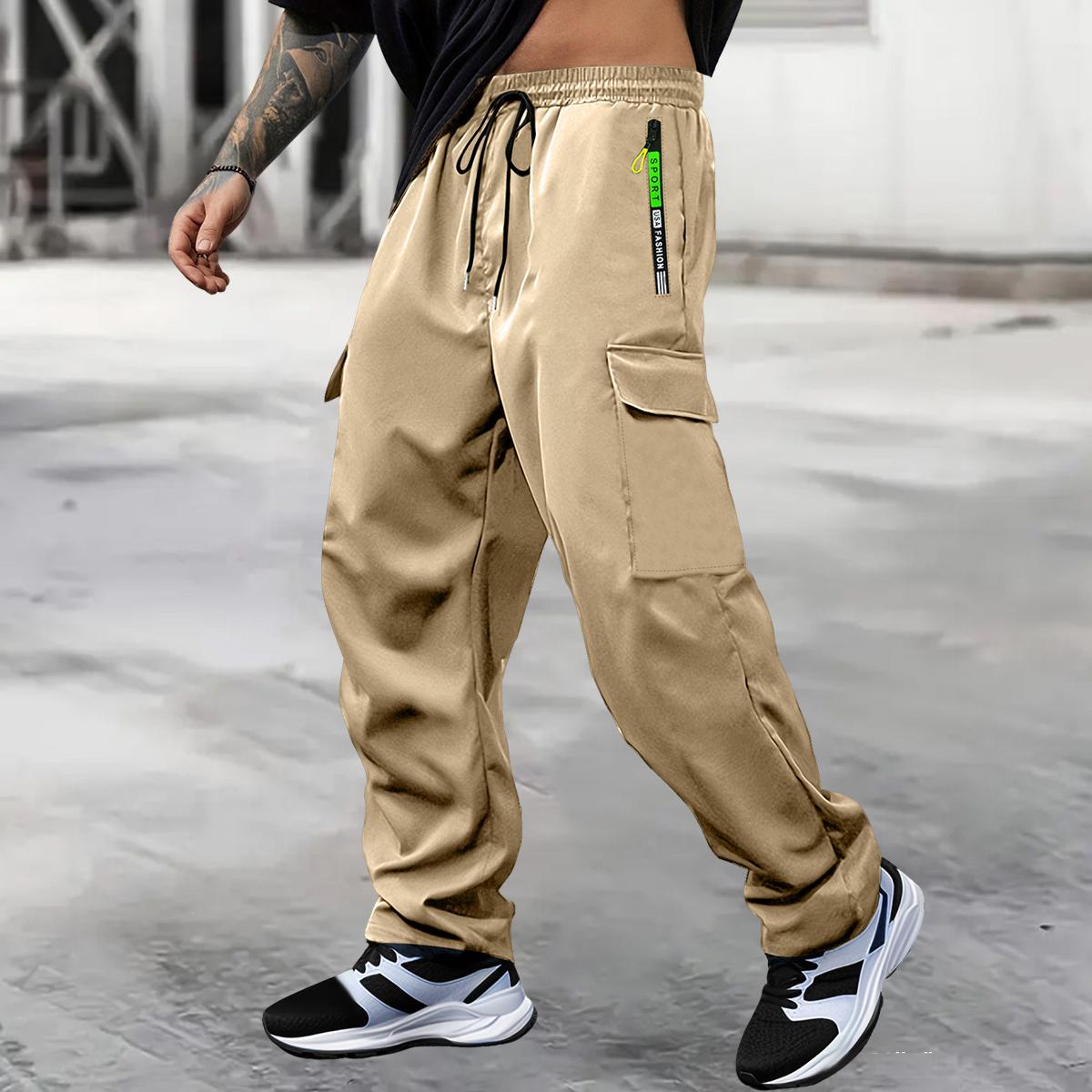 Men's spring-autumn style letter green zipper pocket work pants with fashionable large patch pocket design with drawstring elastic waist, suitable for jogging, hiking and daily wear. Valentine's Day gift.