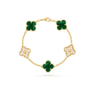 Pre-owned Van Cleef & Arpels Vintage Alhambra bracelet, 5 motifs, 18K yellow gold, malachite, round dias 2024 full set