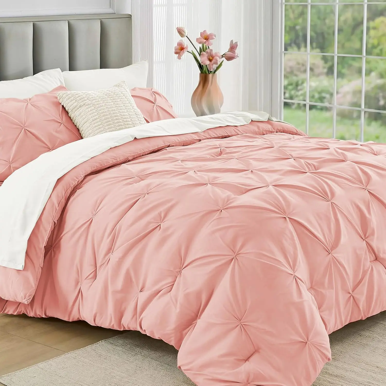 California King Comforter Set 7 Pieces - Bed in a Bag Cal King for All Season, Pintuck Bedding Comforter Sets with Comforter, Flat Sheet, Fitted Sheet and Pillowcases & Shams, Pink & Ivory