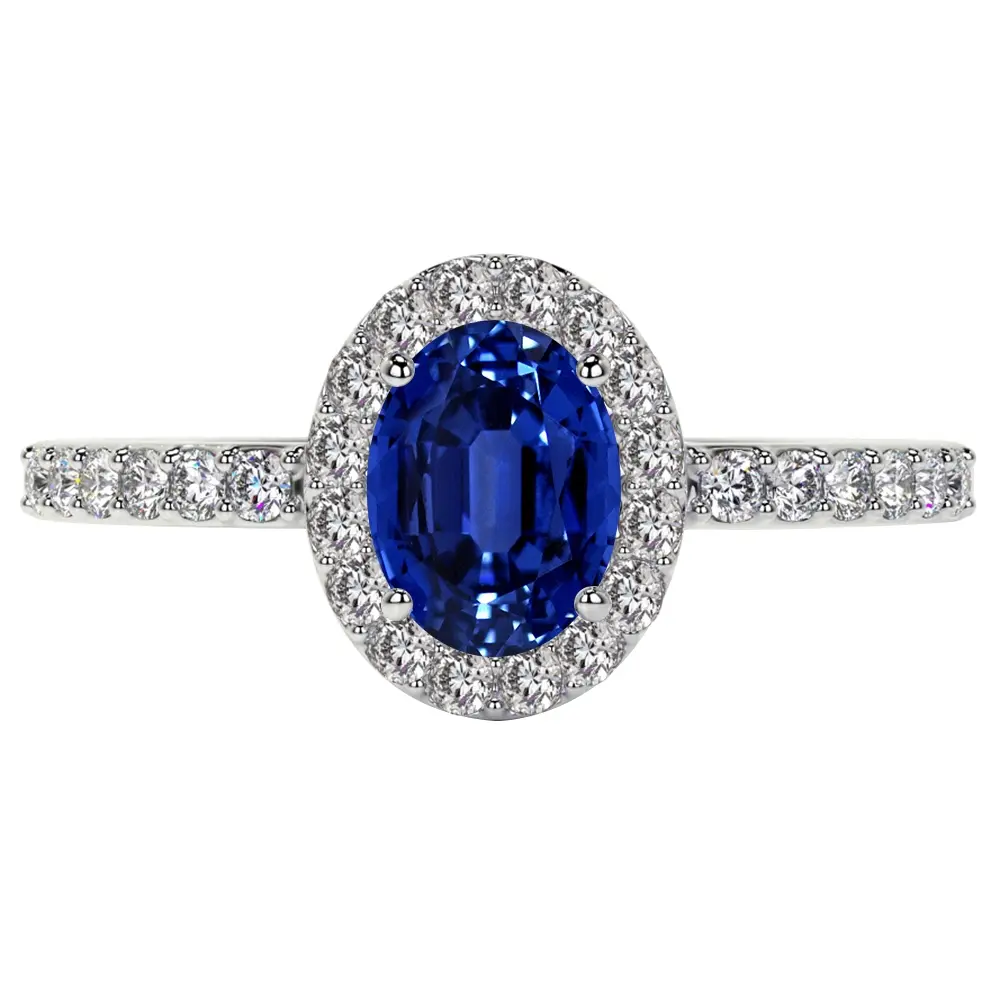 Traditional Oval Halo Untreated Blue Sapphire Ring with Prong Set Diamonds (1.34cttw)- RBS006-7X5-AAAAA