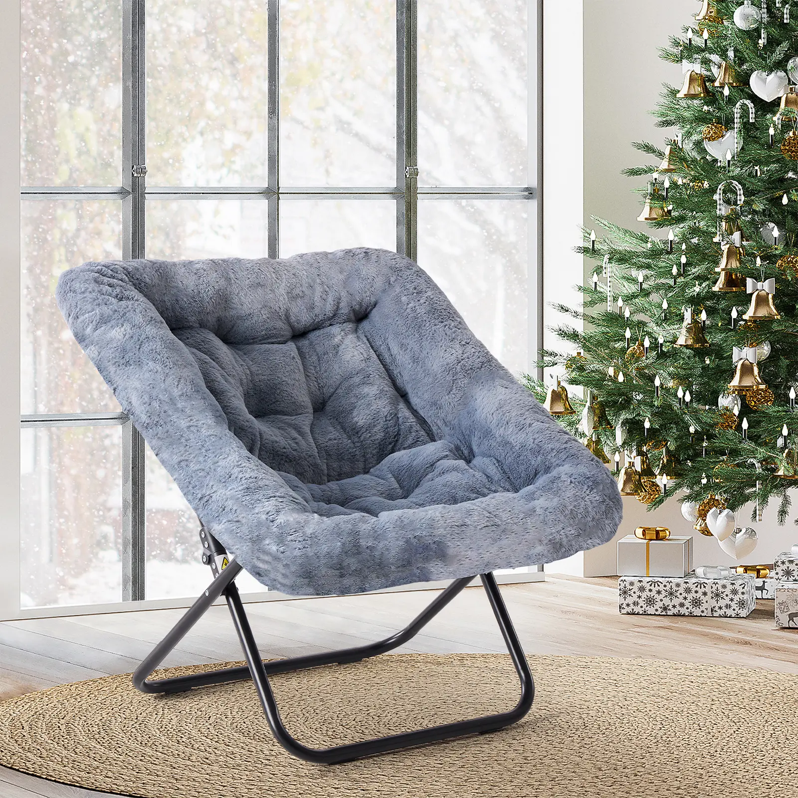 Faux Fur Saucer Comfy Reading Chair - Compact Foldable Padded Lounge Chair with Metal Frame, Thick Cushion, Anti-Slip Base, Effortless Storage, Thoughtful Gift Choice for Living Room, Bedroom