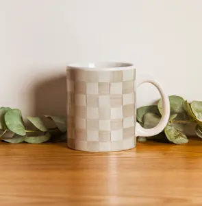 Neutral Checkered Ceramic Mug, Beige Checkerboard Coffee Cup