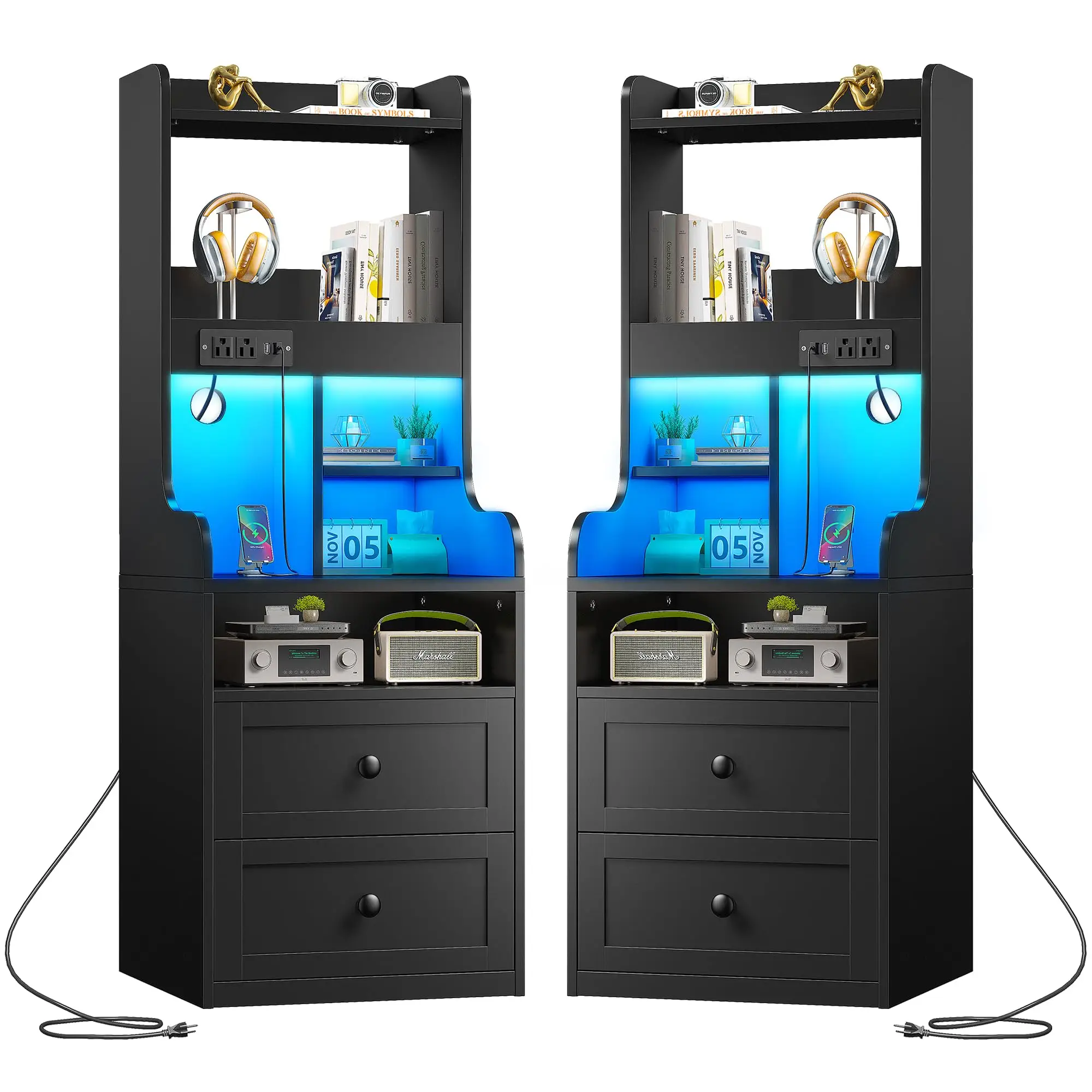 Raybee Furniture Tall Nightstand with Charging Station & LED Lights, 2 Drawers, 20 Colorful RGB Light Options, Large LED, USB Ports & Wall Charging [F