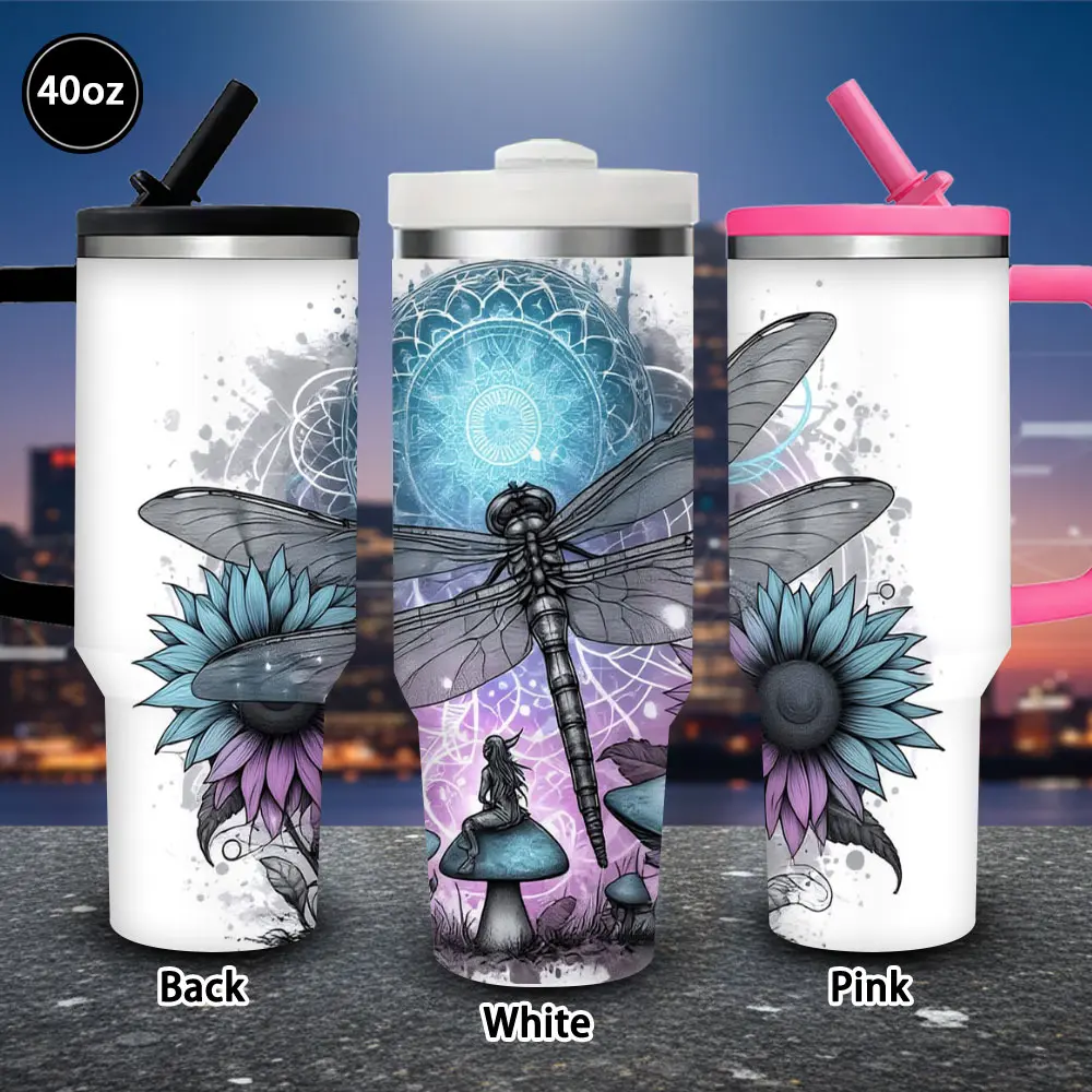 1 pc 40 oz Mystical Dragonfly and Mushroom Insulated Travel Flask with Lid and Straw, Winter Kitchenware Drinkware, Gift for Women, Ideal for Valentine’s Day, Birthday, Iced/Hot Coffee Cup, Flasks