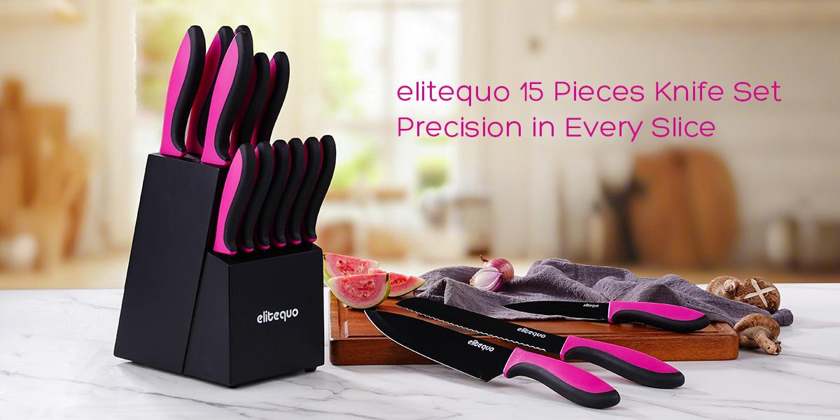 15Pcs Kitchen Knives Set with Block and Self-Sharpening, Ceramic Coating, German Stainless Steel, Knives Sharp Blade, Dishwasher Safe, Knife Block Set with Ergonomic Handle, Cool Black