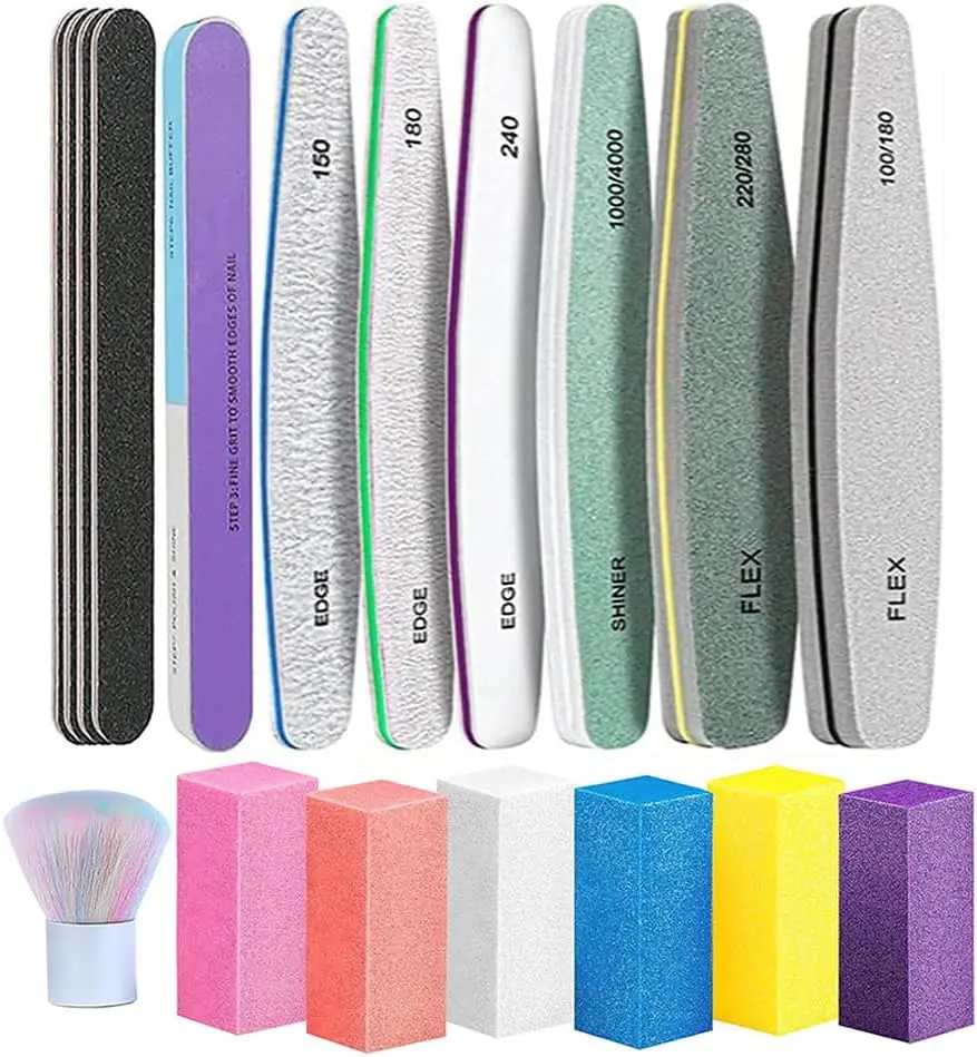18-Piece Professional Nail Files & Buffers Kit,12 Double-Sided Emery Boards 4-Side Grit Blocks for Natural & Acrylic Nails Shaping, Smoothing & Polishing (Home & Salon Use)